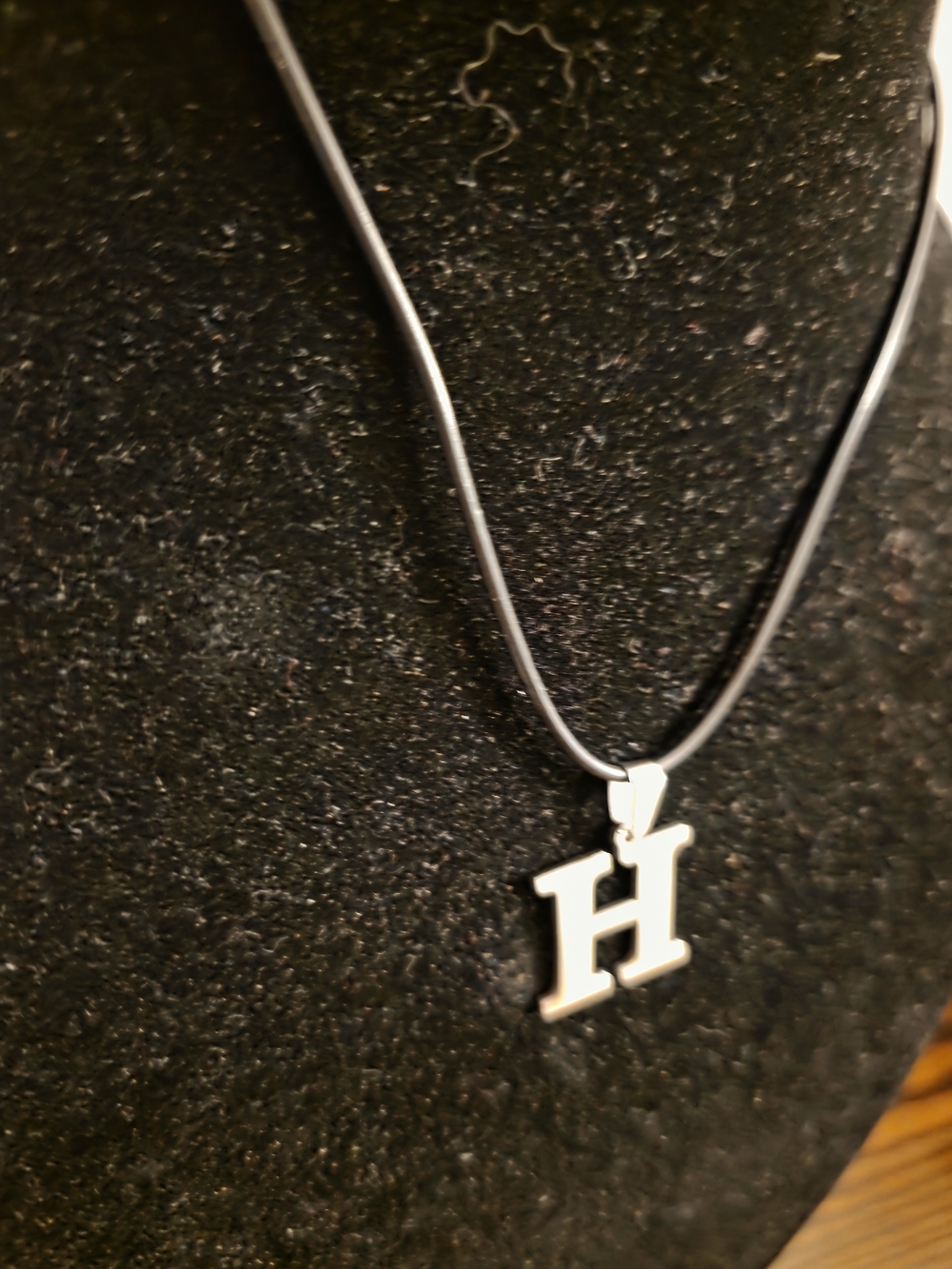 Initial "H" Stainless Steel Pendant Necklace | Black Leather Cord - Picture 3 of 4